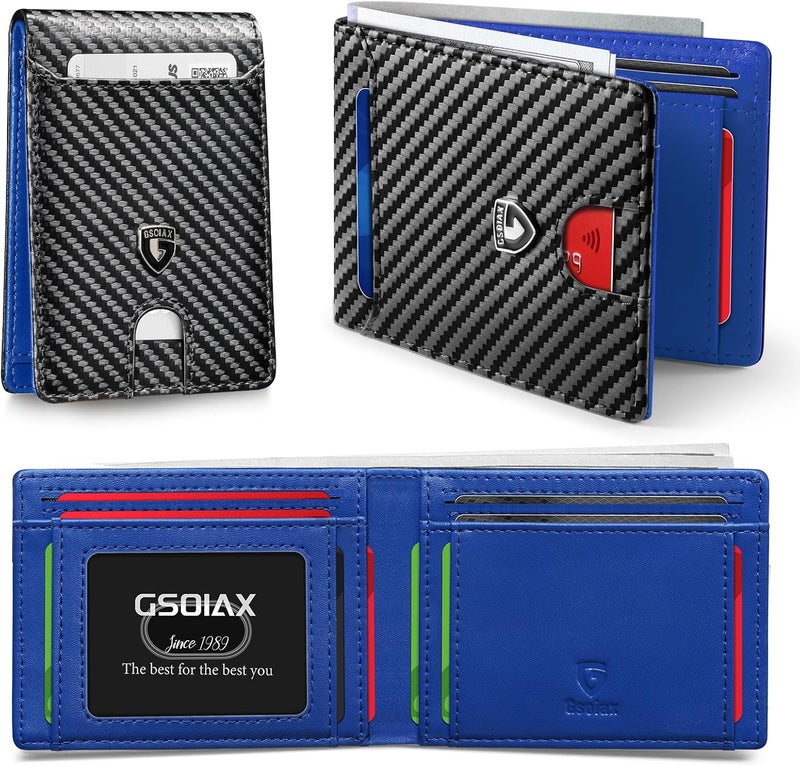 GSOIAX Slim Wallet for Men RFID Blocking Bifold Wallet Carbon Fiber Front Pocket Wallet with 11 Card Holder Minimalist Mens Wallet with Gift Box(Carbon Blue) - Image 1